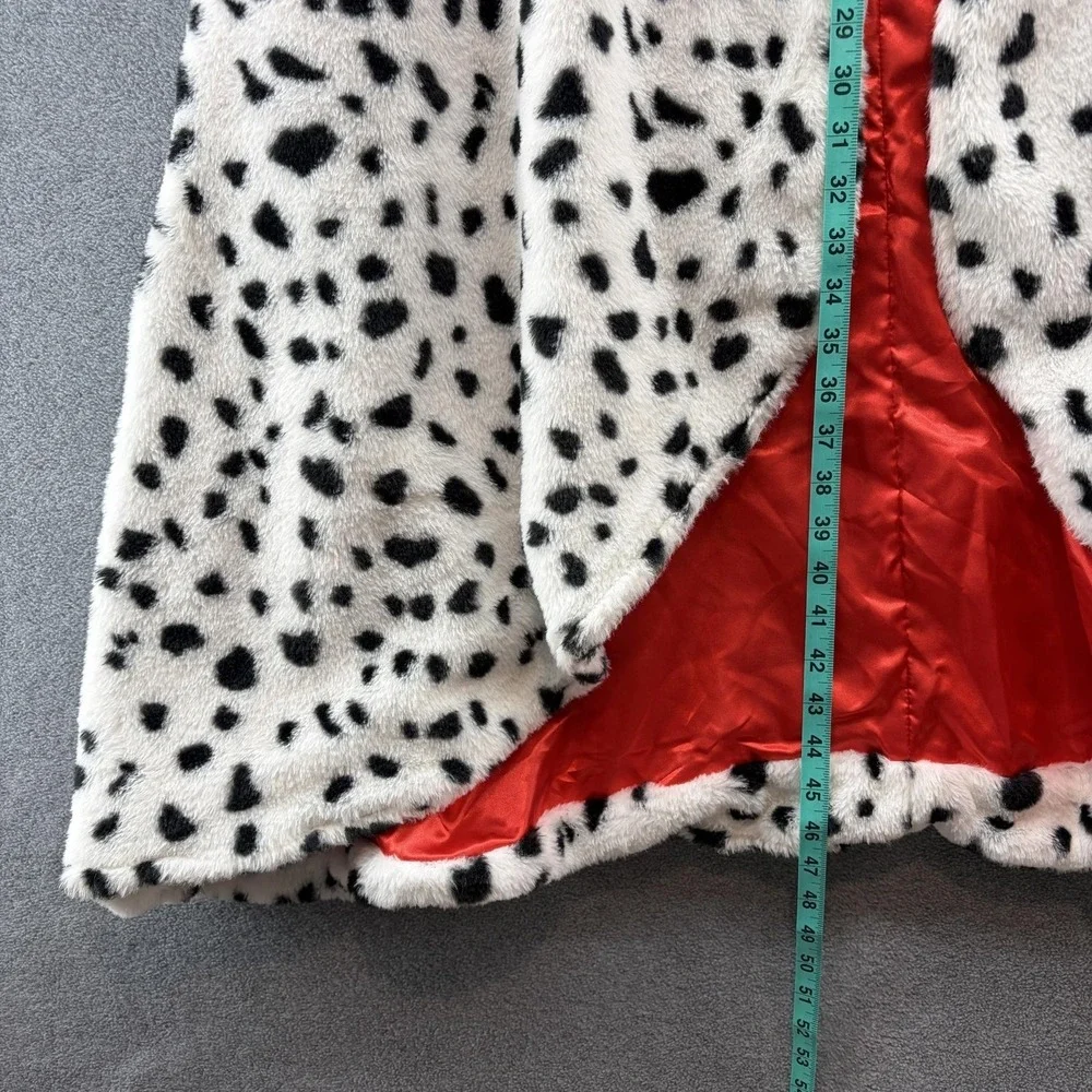 Disney Cruella Vest Womens L or XL White Dalmatian Faux Fur Hooded Long Costume